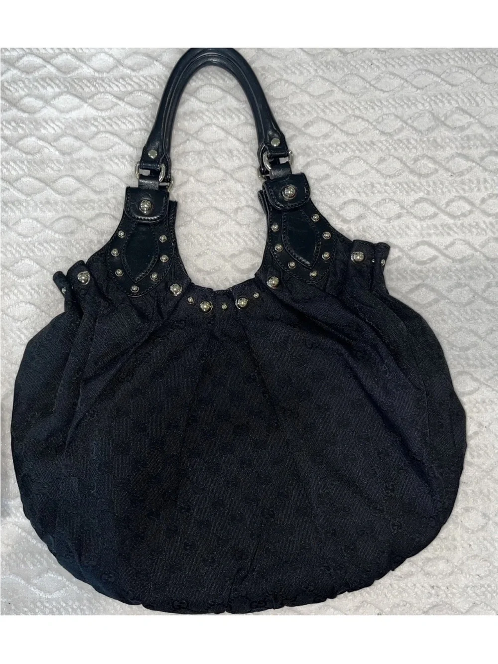 Gucci Pelham Gold Studded Black Canvas Bag w/dust bag, books, envelope